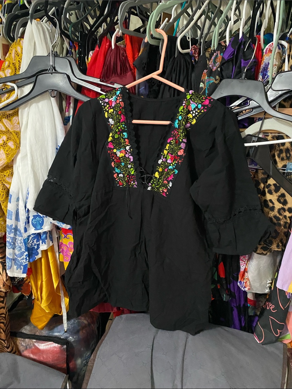 Embroidered V-Neck Black Women's Top